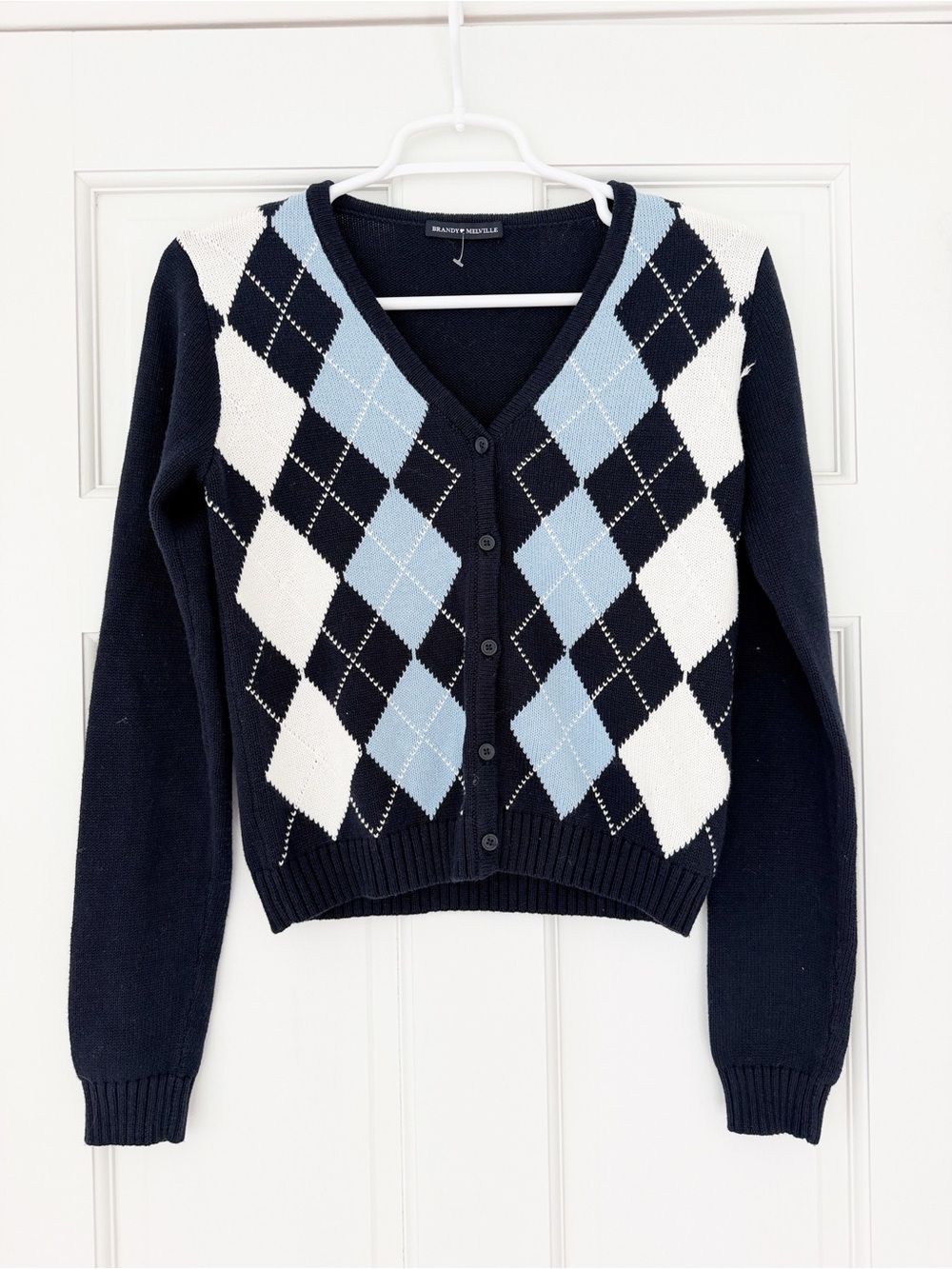 BRANDY MELVILLE cardigan sweater navy blue argyle v-neck cotton